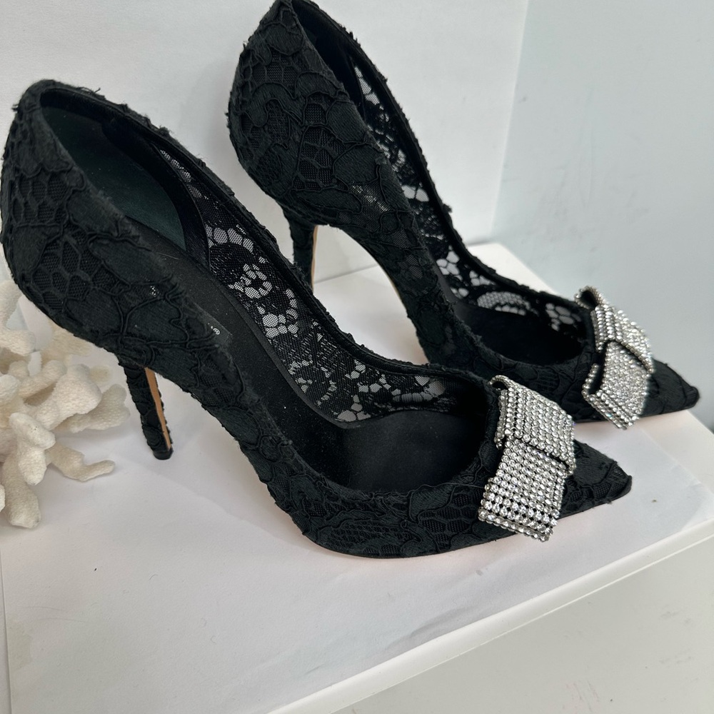 Dolce & Gabbana Black Lace Heels with Sparkling Bow